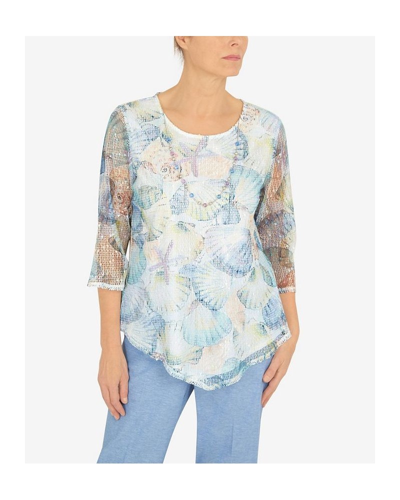 Petite Set Sail Asymmetric Mesh Sleeve Seashell Top Multi $39.49 Tops