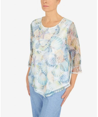 Petite Set Sail Asymmetric Mesh Sleeve Seashell Top Multi $39.49 Tops