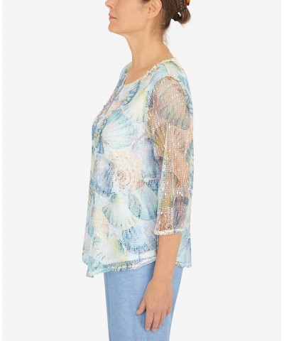 Petite Set Sail Asymmetric Mesh Sleeve Seashell Top Multi $39.49 Tops