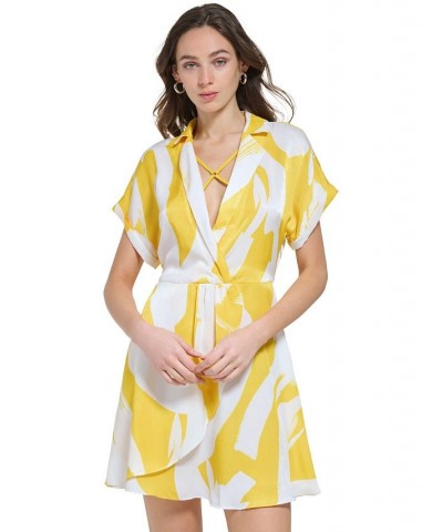 Women's Deep V-Neck Short-Sleeve Printed Dress White/Poppy Yellow Multi $70.03 Dresses