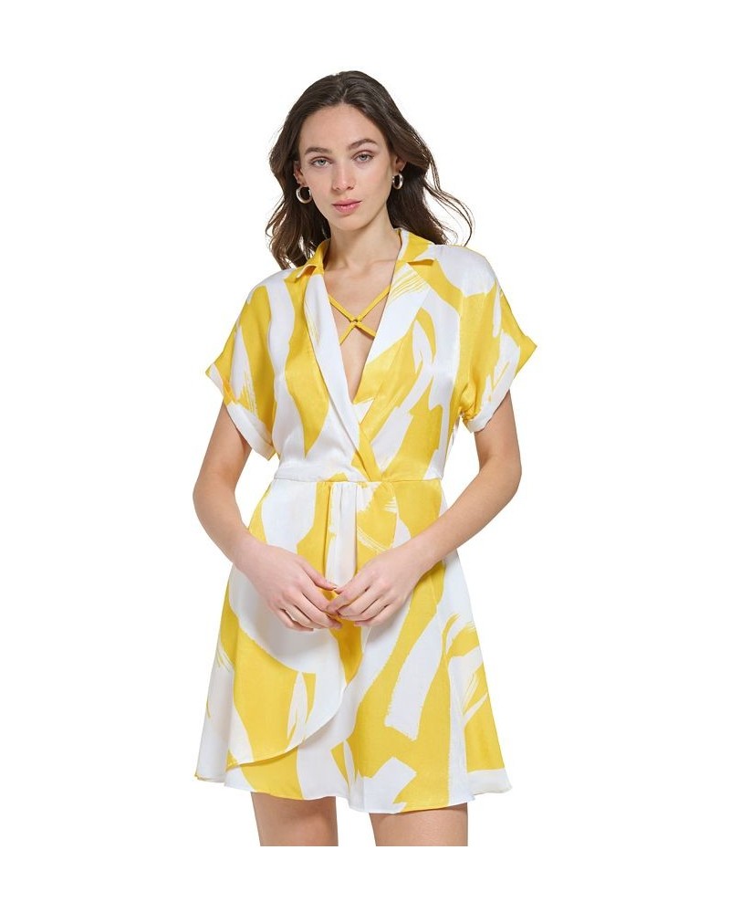 Women's Deep V-Neck Short-Sleeve Printed Dress White/Poppy Yellow Multi $70.03 Dresses