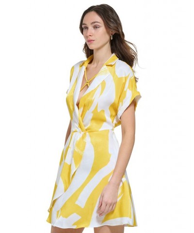 Women's Deep V-Neck Short-Sleeve Printed Dress White/Poppy Yellow Multi $70.03 Dresses