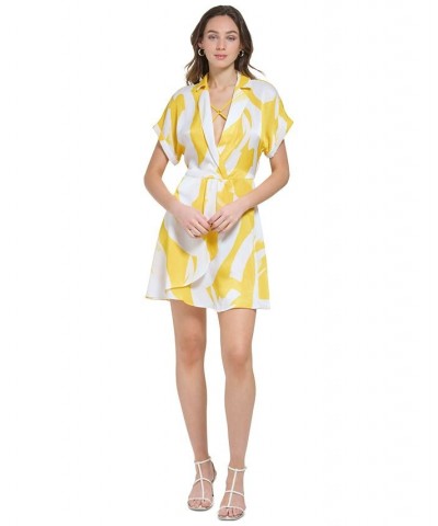 Women's Deep V-Neck Short-Sleeve Printed Dress White/Poppy Yellow Multi $70.03 Dresses