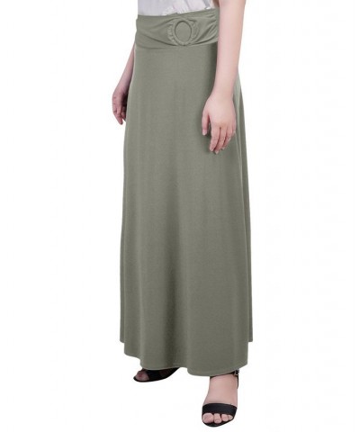 Women's Maxi A-Line Skirt with Front Faux Belt and Ring Detail Green $17.60 Skirts