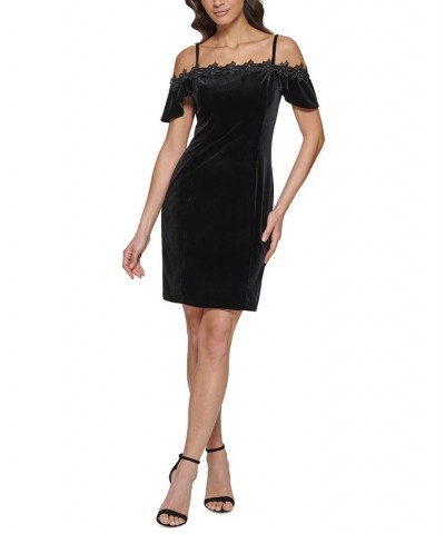 Women's Velvet Cold-Shoulder Appliqué-Trim Dress Black $26.90 Dresses