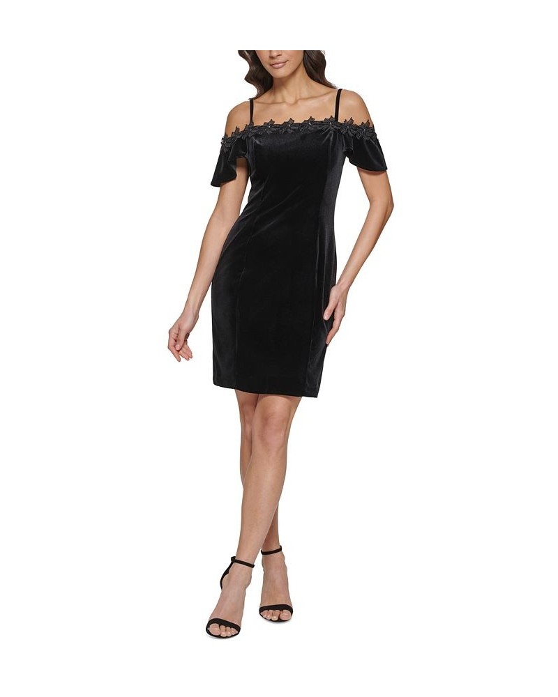 Women's Velvet Cold-Shoulder Appliqué-Trim Dress Black $26.90 Dresses