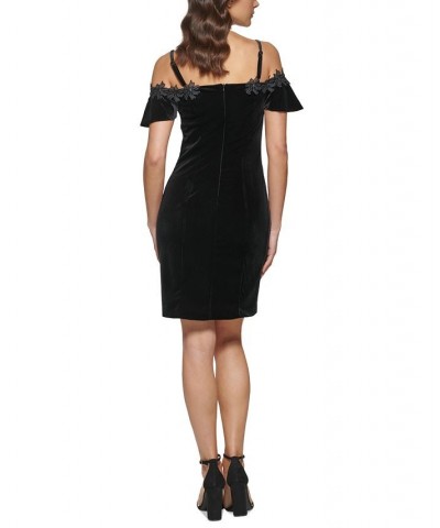 Women's Velvet Cold-Shoulder Appliqué-Trim Dress Black $26.90 Dresses