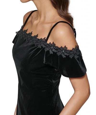 Women's Velvet Cold-Shoulder Appliqué-Trim Dress Black $26.90 Dresses