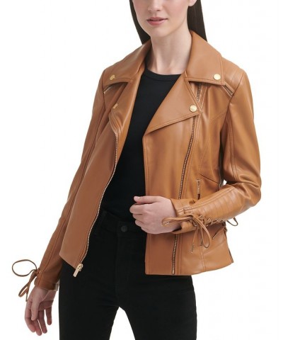 Women's Faux-Leather Asymmetric Moto Coat Tan/Beige $54.00 Coats