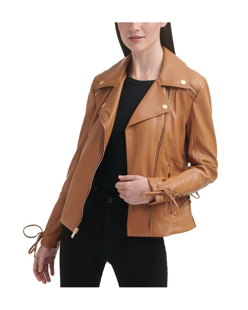 Women's Faux-Leather Asymmetric Moto Coat Tan/Beige $54.00 Coats