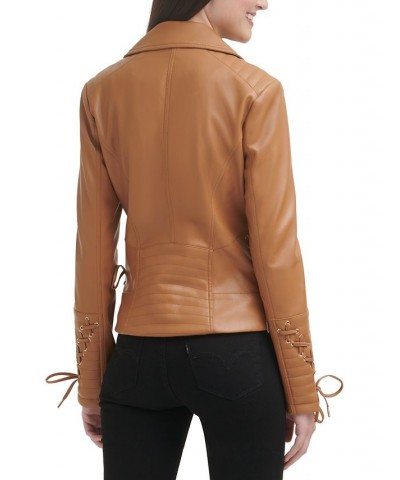 Women's Faux-Leather Asymmetric Moto Coat Tan/Beige $54.00 Coats