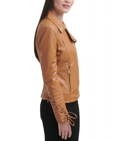 Women's Faux-Leather Asymmetric Moto Coat Tan/Beige $54.00 Coats