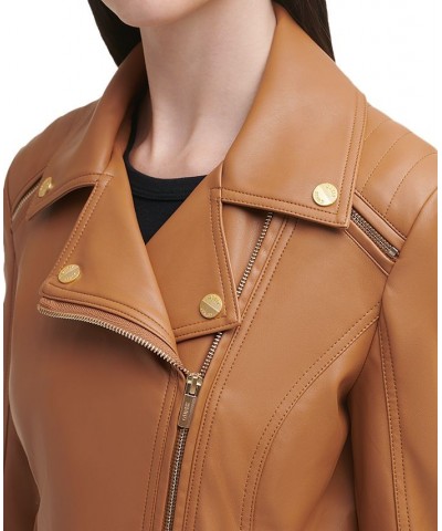 Women's Faux-Leather Asymmetric Moto Coat Tan/Beige $54.00 Coats