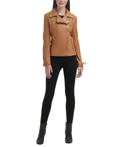 Women's Faux-Leather Asymmetric Moto Coat Tan/Beige $54.00 Coats