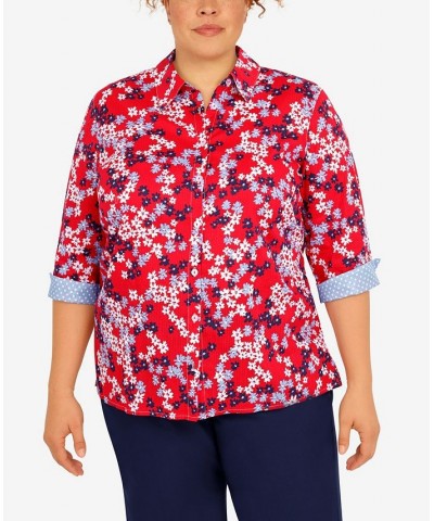 Plus Size Polka Dot Trim Floral Button Down Top Red $35.28 Tops