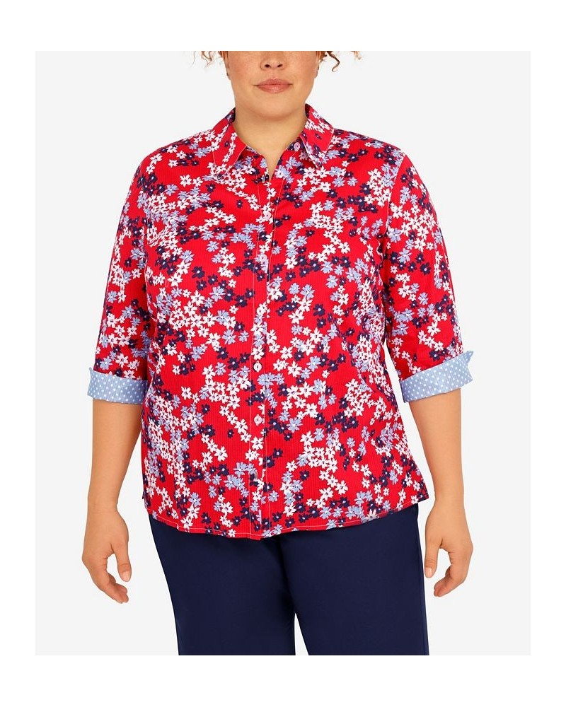 Plus Size Polka Dot Trim Floral Button Down Top Red $35.28 Tops