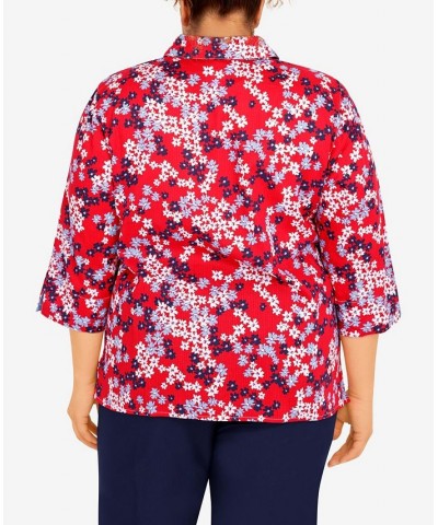 Plus Size Polka Dot Trim Floral Button Down Top Red $35.28 Tops