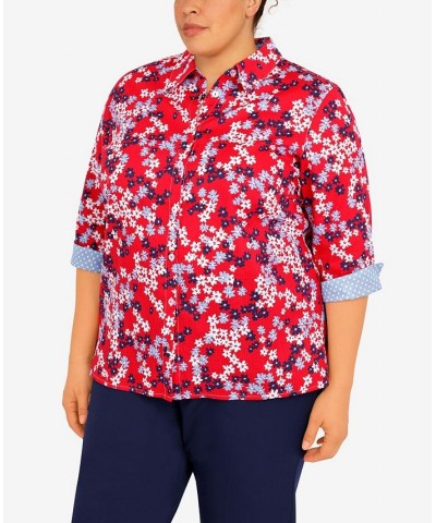 Plus Size Polka Dot Trim Floral Button Down Top Red $35.28 Tops