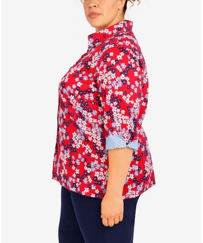 Plus Size Polka Dot Trim Floral Button Down Top Red $35.28 Tops