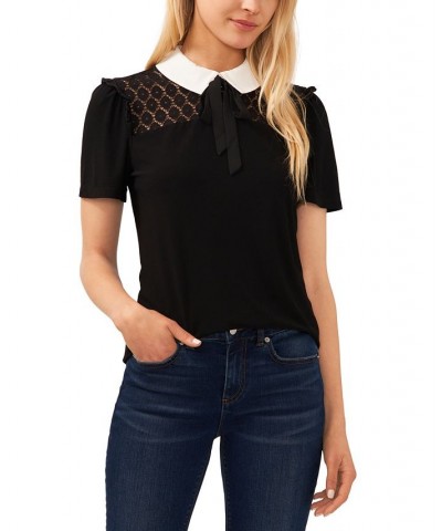 Women's Contrast Collar Lace Knit Top Rich Black $45.39 Tops