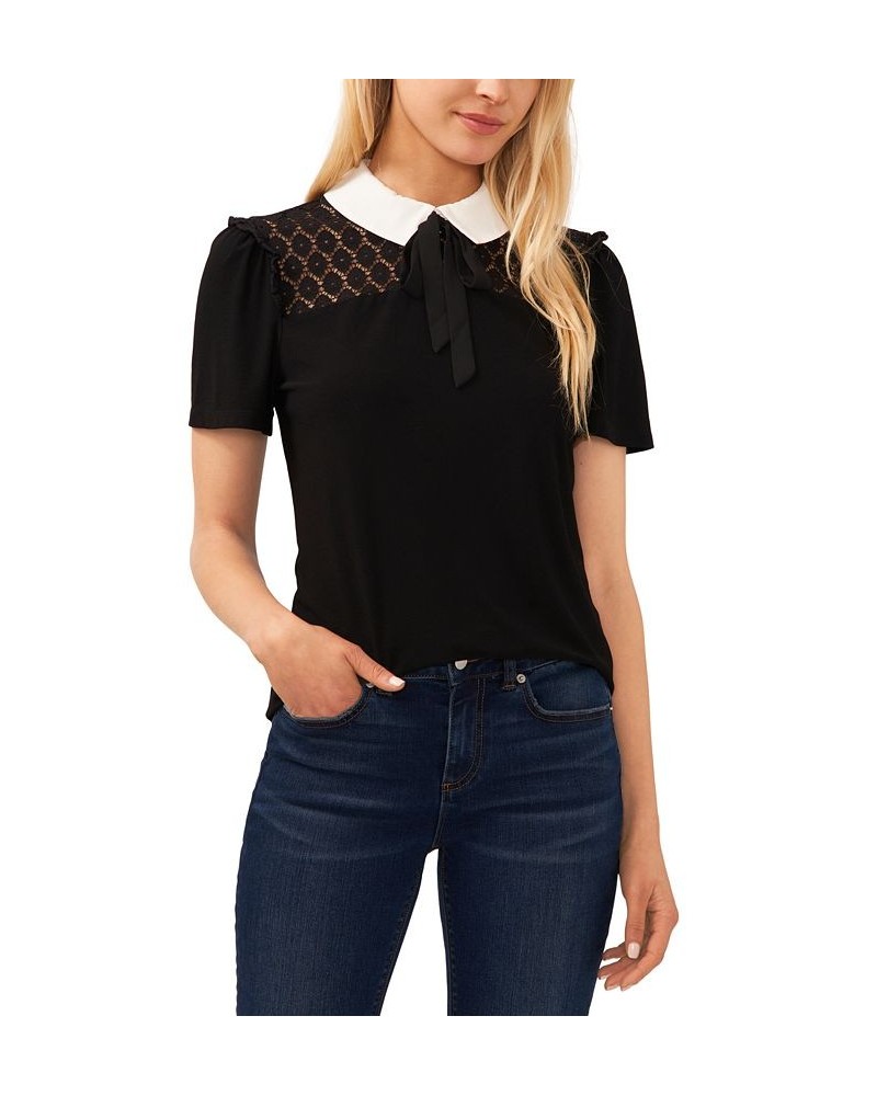 Women's Contrast Collar Lace Knit Top Rich Black $45.39 Tops