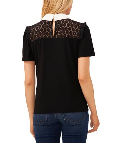 Women's Contrast Collar Lace Knit Top Rich Black $45.39 Tops