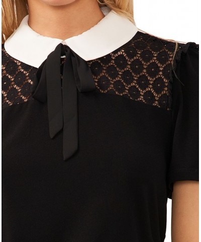 Women's Contrast Collar Lace Knit Top Rich Black $45.39 Tops