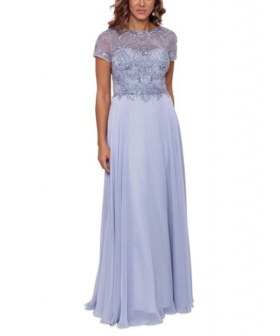 Women's Embellished Short Sleeve Chiffon Gown Silver $134.55 Dresses