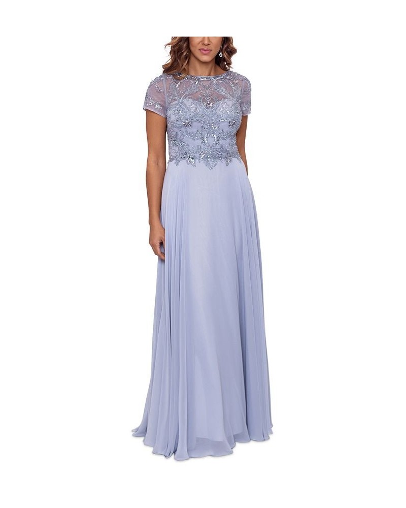 Women's Embellished Short Sleeve Chiffon Gown Silver $134.55 Dresses