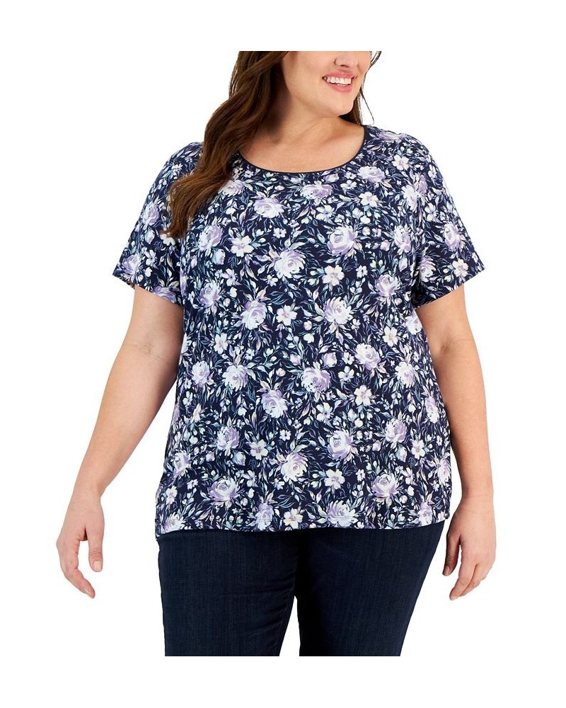 Plus Size Printed Scoop-Neck Top Blue $9.11 Tops