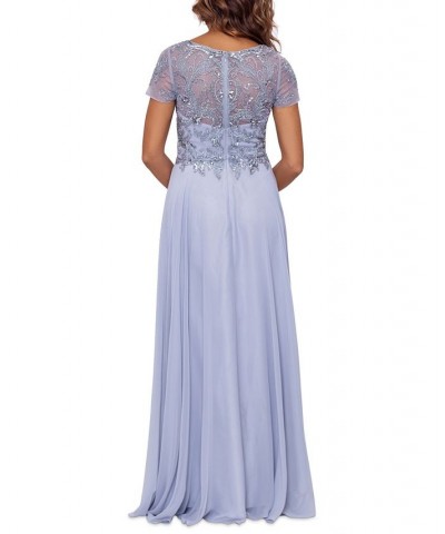 Women's Embellished Short Sleeve Chiffon Gown Silver $134.55 Dresses