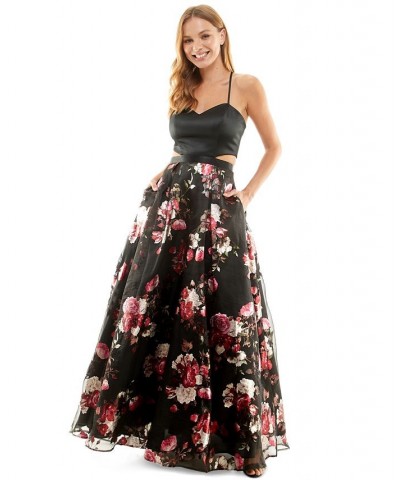 Juniors' Printed-Skirt Ball Gown Black/mauve $41.80 Dresses