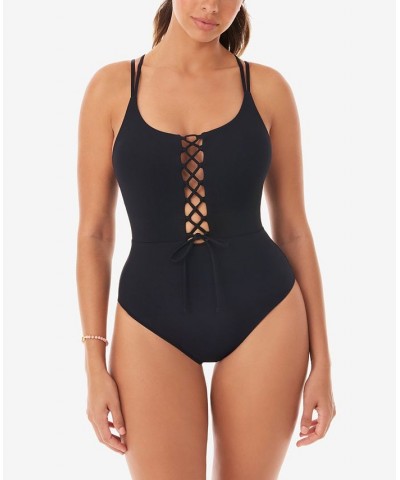 Jelly Beans Suga Babe Lace Up Front Tummy Control One-Piece Swimsuit Black $58.96 Swimsuits