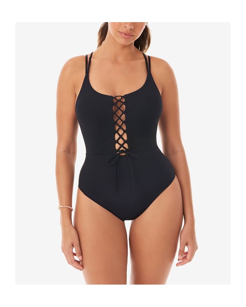 Jelly Beans Suga Babe Lace Up Front Tummy Control One-Piece Swimsuit Black $58.96 Swimsuits