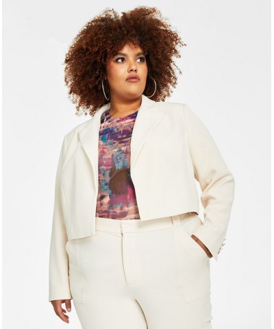 Trendy Plus Size Cropped Blazer Printed Mesh Top & Cargo Pants White $29.89 Pants