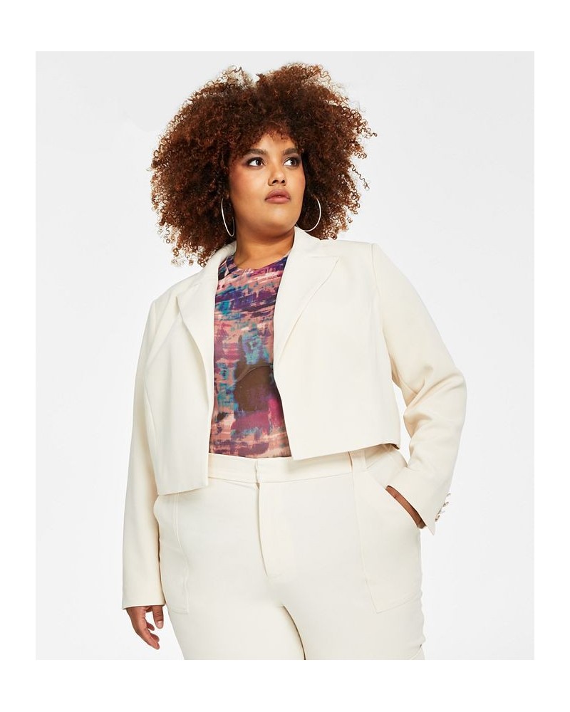 Trendy Plus Size Cropped Blazer Printed Mesh Top & Cargo Pants White $29.89 Pants