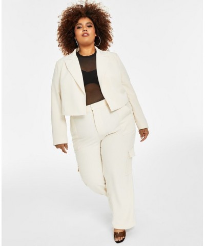 Trendy Plus Size Cropped Blazer Printed Mesh Top & Cargo Pants White $29.89 Pants