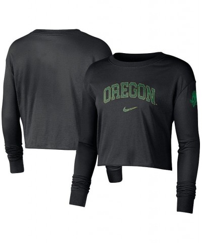 Women's Black Oregon Ducks 2-Hit Cropped Long Sleeve Logo T-shirt Black $29.49 Tops