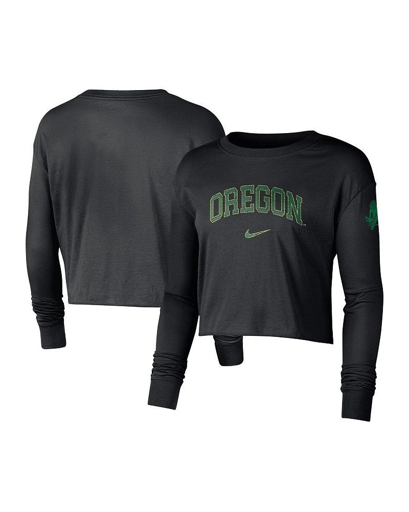 Women's Black Oregon Ducks 2-Hit Cropped Long Sleeve Logo T-shirt Black $29.49 Tops