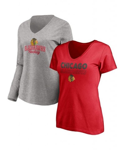 Women's Chicago Blackhawks Short Sleeve and Long Sleeve V-Neck T-shirt Combo Pack Red, Heathered Gray $31.79 Tops