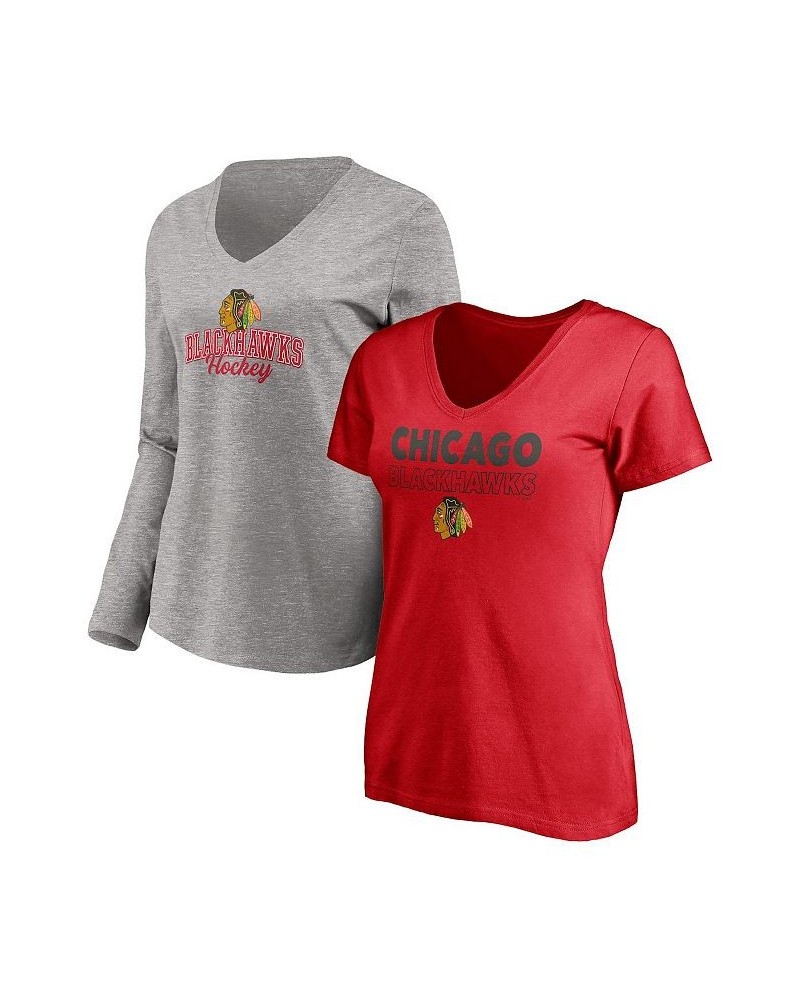 Women's Chicago Blackhawks Short Sleeve and Long Sleeve V-Neck T-shirt Combo Pack Red, Heathered Gray $31.79 Tops