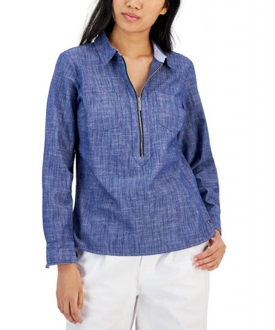 Women's Half-Zip Roll-Tab Shirt Chambray B $22.50 Tops