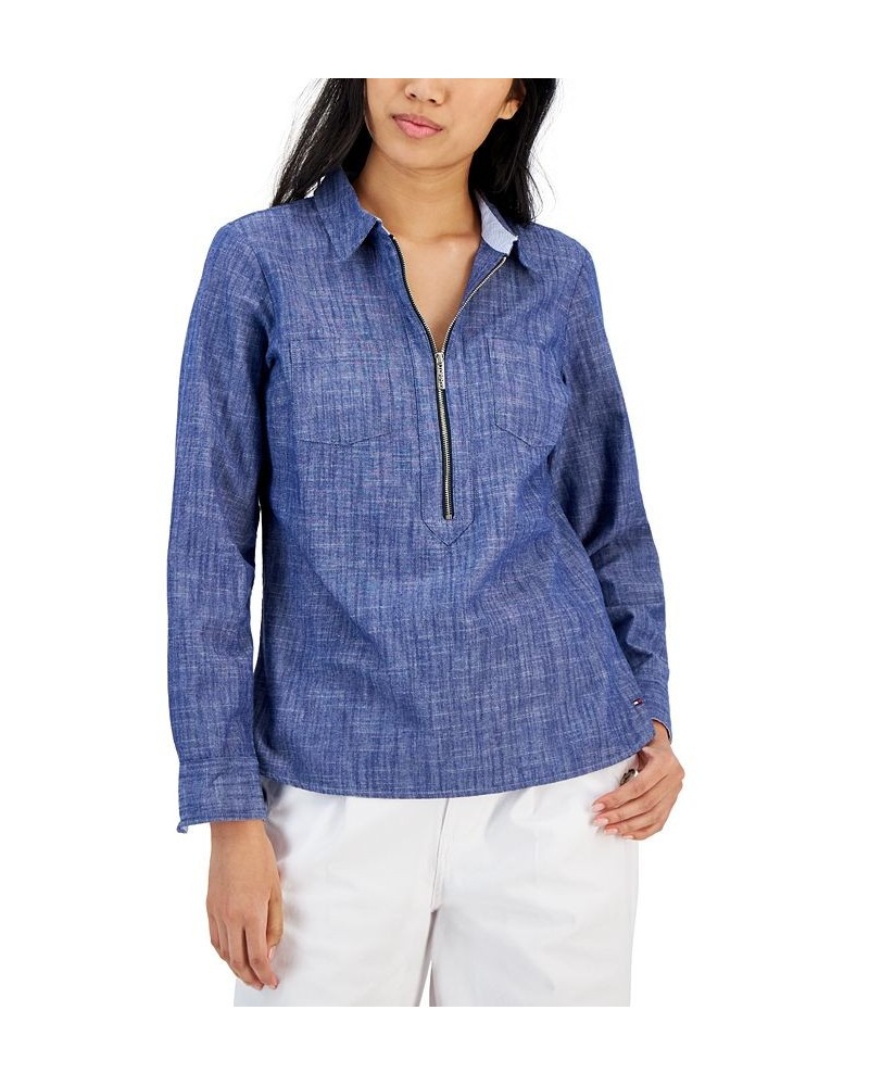 Women's Half-Zip Roll-Tab Shirt Chambray B $22.50 Tops