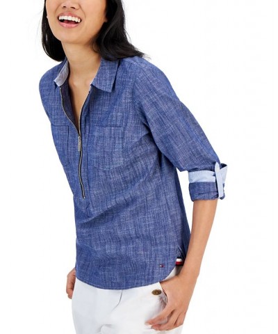 Women's Half-Zip Roll-Tab Shirt Chambray B $22.50 Tops