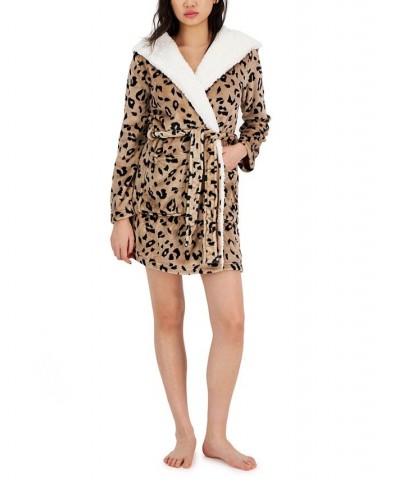 Women's Printed Short Sherpa Hooded Robe Brown $17.90 Sleepwear