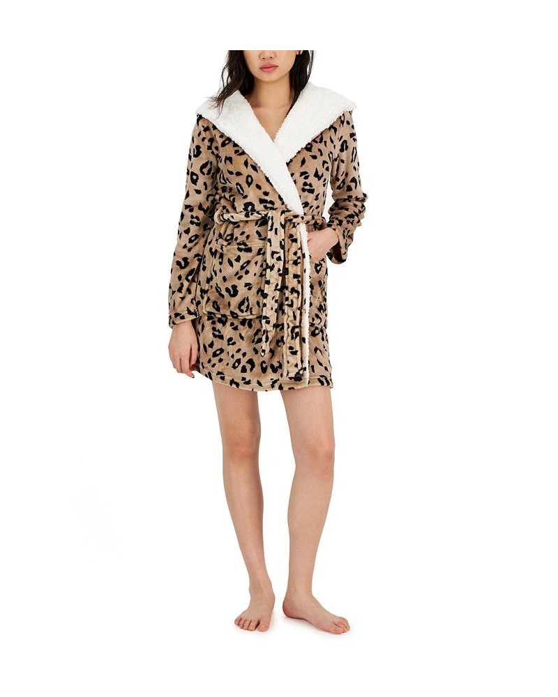 Women's Printed Short Sherpa Hooded Robe Brown $17.90 Sleepwear