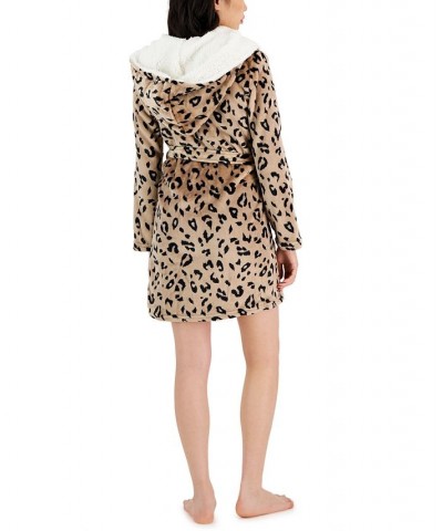 Women's Printed Short Sherpa Hooded Robe Brown $17.90 Sleepwear