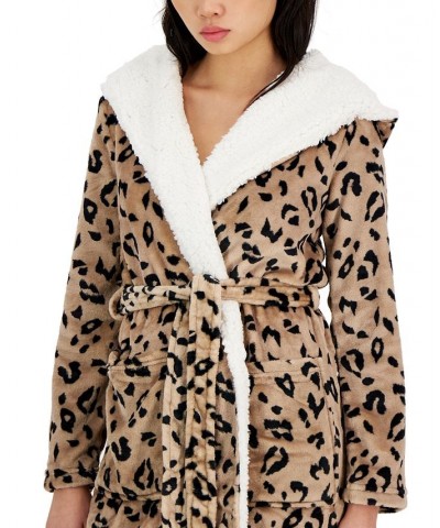 Women's Printed Short Sherpa Hooded Robe Brown $17.90 Sleepwear