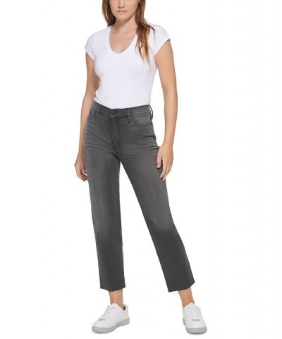 Women's High-Rise Straight-Leg Raw-Hem Jeans Black $28.36 Jeans