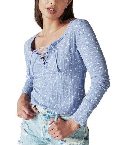 Ribbed Lace-Up Long-Sleeve Top Blue Multi $23.45 Tops